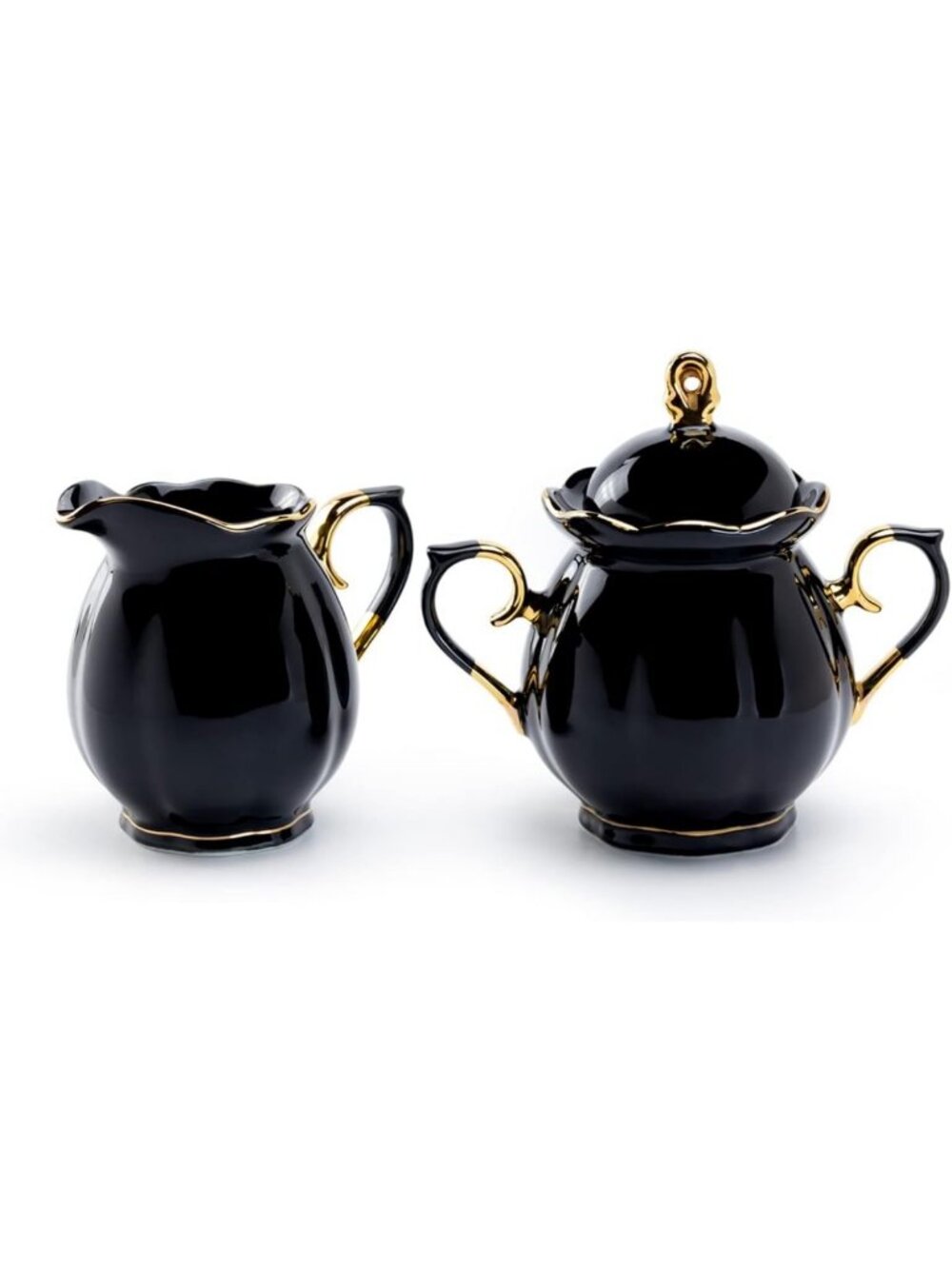 Elegant Black & Gold Scalloped Porcelain Sugar & Creamer Set - Perfect for